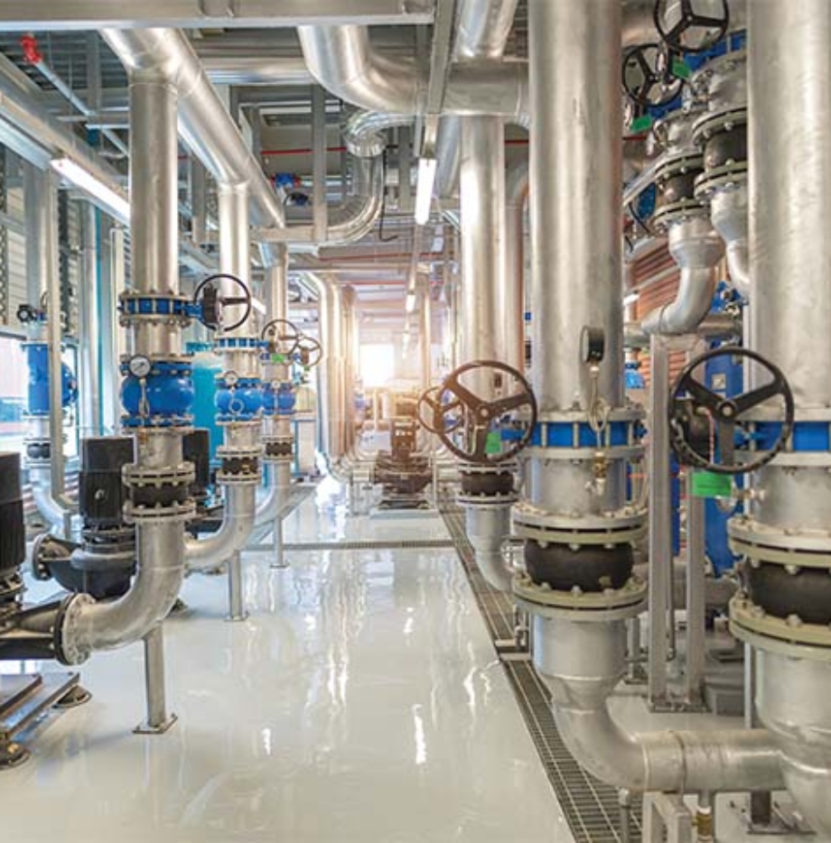 Industrial interior chiller and boiler HVAC heating ventilation air conditioning system and pipeping line of industrial construction at boiler pump room system in the factory